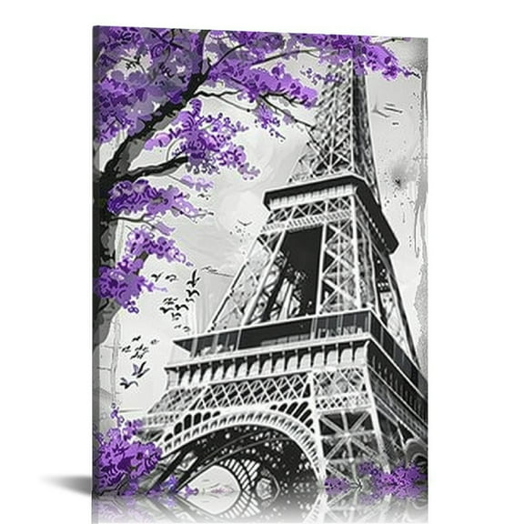 PRATYUS Paris Eiffel Tower Canvas Wall Art Cityscape Pictures Purple Landscape Modern Building Artwork Prints 16x20 in/12x16 in 12x16 in