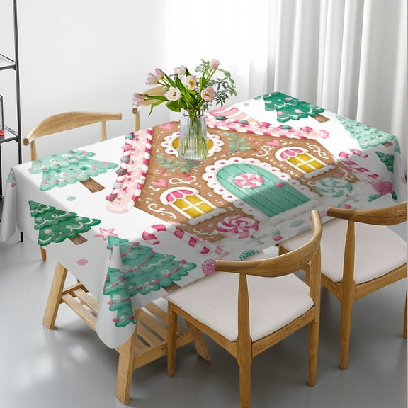 PRATYUS Pastel Gingerbread House Candy Scene Print Rectangle Tablecloth, 2D Flat Printing Polyester Tablecloths, Pastel Gingerbread House Candy Scene