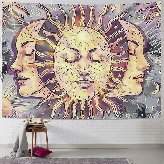PRATYUS Pastel Pink Tapestry Burning Sun Tapestry Mystic Tapestry Celestial Sun and Moon with Stars Tapestry Psychedelic Hippy Tie Dye Wall Hanging for Party Home Decor (Pastel,Multi Size) Painting