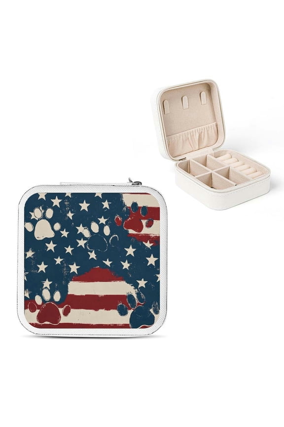 Paw Prints Stars Stripes PU Leather Jewelry Box for Necklaces Rings Earrings White