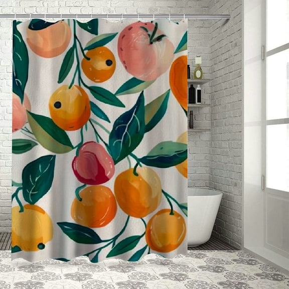 PRATYUS Peach Shower Curtain, Allover Fruits Cute Bright Colorful Design Waterproof Fabric Bathroom Curtains Set with Hooks 69x72