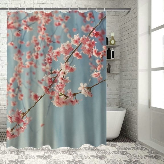 PRATYUS Peach Shower Curtain, Japanese Scenery Sakura Tree Cherry Blossom Nature Photography Coming of Spring, Cloth Fabric Bathroom Decor Set with Hooks, Bluegrey Coral 36x72