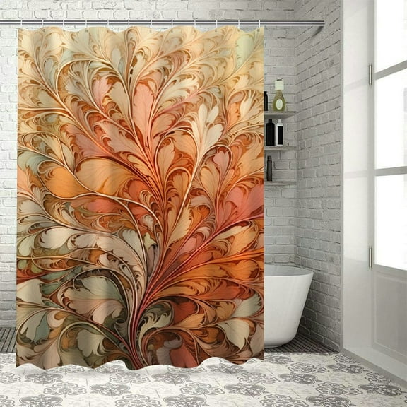 PRATYUS Peach Shower Curtain, Watercolor Style Scale and Leafy Look Abstract Branches Tender Colors, Cloth Fabric Bathroom Decor Set with Hooks, Salmon and Pale Sage Green 60x72