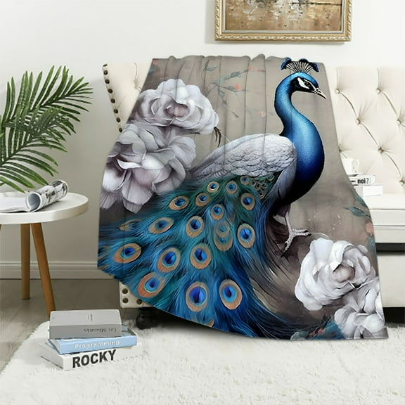 PRATYUS Peacock Flowers Art Deco Flannel Blanket & Throw for All Seasons Gifts, Soft Cozy Printed Blanket, Travel, Various Uses 40x50in