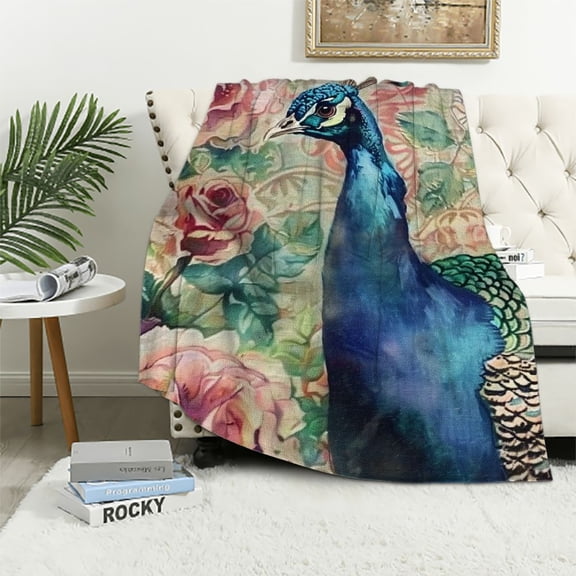 PRATYUS Peacock Throw Blanket, Fantasy Composition with Woman and Peafowl in Watercolor Art, Flannel Accent Piece Soft Couch Cover for Adults, Pink Navy 40x50in