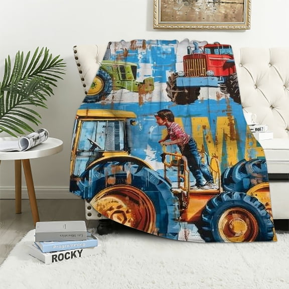 PRATYUS Personalized Construction Trucks Blanket Custom Gifts Super Soft Lightweight Flannel Blankets Throw for Kids, Adult, Suitable for Couch, Sofa, Bed, Camping, Travel All Seasons White 40x50in