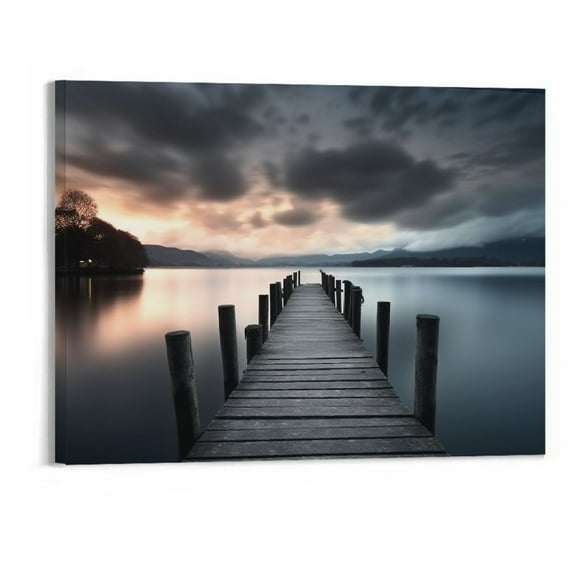 PRATYUS Pier Artwork Canvas Wall Art: Vintage Lake Dock Picture Painting Print for Living Room -20x16 Inch