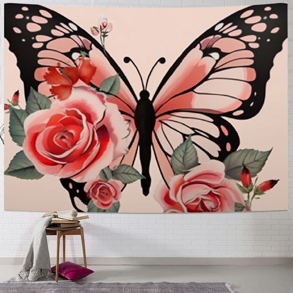 PRATYUS Pink Butterfly Tapestry Wall Hanging Spring Flowers Green Leaves Botanical Floral Plants Aesthetic Vertical Retro Tapestry for Bedroom Living Room Indie Decor 40x30inch