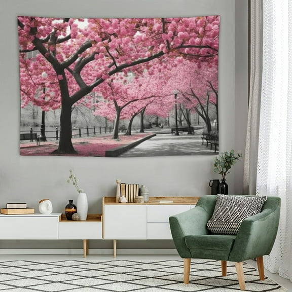 PRATYUS Pink Floral Tapestry 60x40 Inch Spring Cherry Flowers Paris French Blossom Landscape Romantic Wall Hanging Central Park Forest Tree Girls Home Dorm Decor Art Living Room Bedroom 60x40in