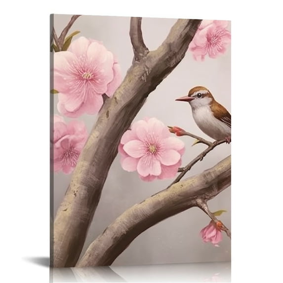 PRATYUS Pink and Grey Flower Wall Art Plum Blossom Tree Branches Painting Printed on Canvas Gallery Wrapped Pink Floral Pictures Artwork for Women Office Home Decor 12x16 in