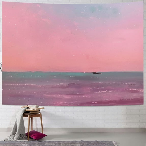 PRATYUS Pink Ocean Tapestry Beach Tapestry Pink Sea Sky Moon Tapestries Wall Hanging for Teen Girl Women Bedroom College Dorm Living Room Aesthetic Decoration Painting