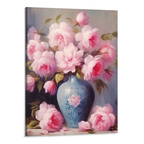 PRATYUS Pink Peony Canvas Wall Art Floral Pictures Wall Decor Flowers in a Vase Painting Print Farmhouse Bedroom Decor Frame (Peony 16x20 inch)