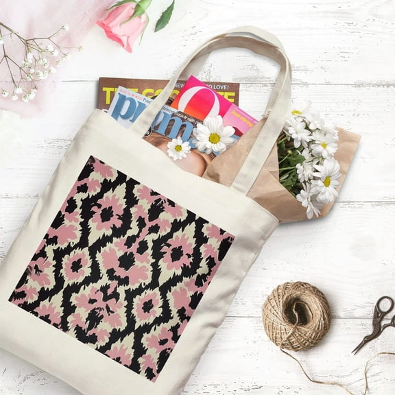 PRATYUS  Pink Print Canvas Tote Bag, Reusable Grocery Bag with Handles for Casual Shopping Beach Wedding Gift, Washable White