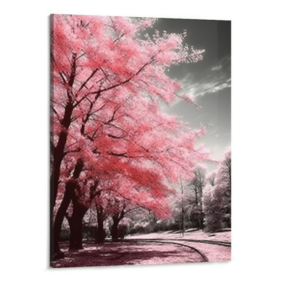 PRATYUS  Pink Tree Canvas Wall Art Pink and Grey Room Decor Cherry Blossom Wall Art Modern Art Framed Ready to Hang Living Room Wall Decor 16x20 Inch