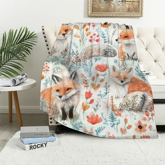 PRATYUS Pixie Fox Reversible Throw Blanket,Gray & Pink - Blankets For Girls - Colorful Floral Print- Soft & Fluffy Kids Blanket For Bed, Couch Or Chair 60x80in