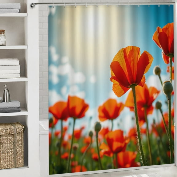PRATYUS Poppy Field Shower Curtain Waterproof Beautiful Pattern 70.8x70.8 White
