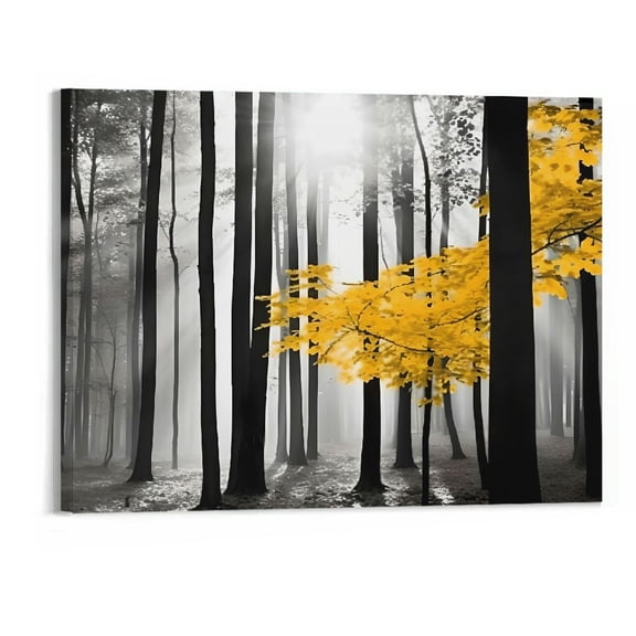 PRATYUS Print On Canvas Canvas Wall Art Picture 20x16in for Living Room Bedroom Fall Decor Black and White Sunshine Fog Forest 20x16in
