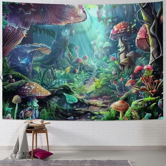 PRATYUS Psychedelic Tapestry Mushroom Castle Tapestry Fairy Tale Tapestry Green Plants in Forest Wall Hanging Spring Scenery Tapestries for Bedroom Living Room Dorm Party Décor (Multi Size) Painting