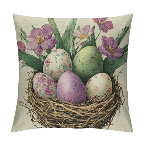 PRATYUS Purple Tulips Rabbit Easter Pillow Covers Eggs Easter Decorations Flowers Spring Farmhouse Throw Cushion Case for Home Sofa Couch 12x12in