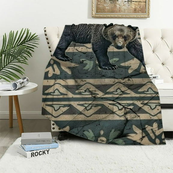 PRATYUS Quilted Bear Throw Blanket for Couch - Bear and Paw Lodge-Themed Throw Quilt White