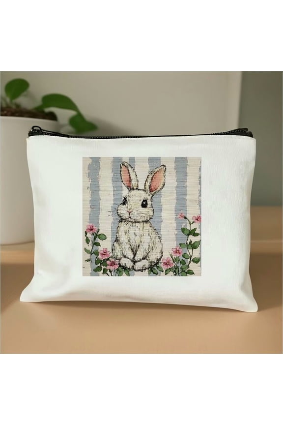 Rabbit Flowers Checkered Tote Bag Travel Essentials Accessories White