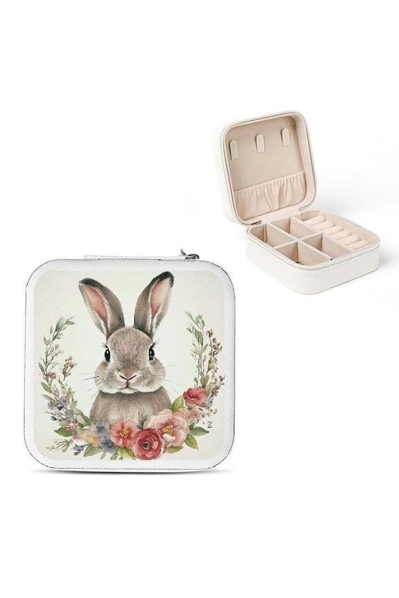 Rabbit Flowers Wreath Jewelry Box Organizer for Necklace, Ring, Earring Storage, PU Leather Case with Zipper, Portable and Compact, High Capacity, Best Gift for Women and Girls White