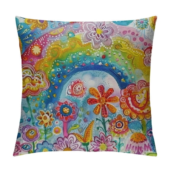 PRATYUS Rainbow Throw Pillow Covers Colorful Stripes Pillow Cases Cushion Covers for Decor Floral Flowers Blossom Printed Decorative Throw Pillowcases Colorful Cushion Cases Bedroom 12x12in