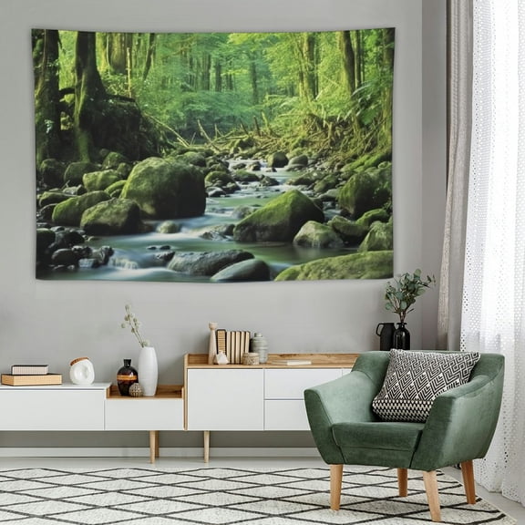 PRATYUS Rainforest Tapestry, Mountain Stream in a Tropical Rain Forest Foliage Countryside Wilderness Scene, Wide Wall Hanging for Bedroom Living Room Dorm,60x40 Inch, Green Brown 60x40in