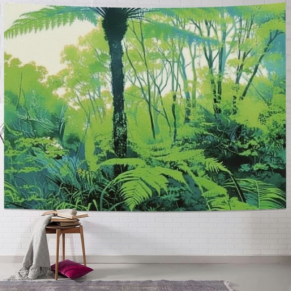 PRATYUS Rainforest Tapestry, Palm Trees and Exotic Plants in Tropical Jungle Wild Nature Theme Illustration, Fabric Wall Hanging Decor for Bedroom Living Room Dorm, Green 40x60inch