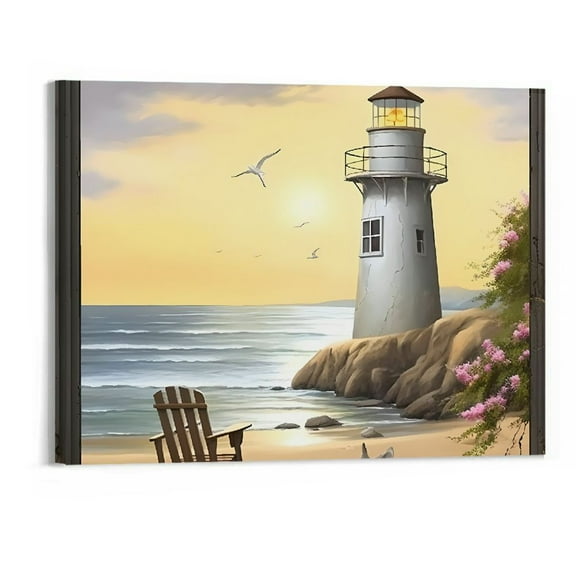 PRATYUS Ready to Hang Fall Decor Beach Lighthouse Canvas Wall Art Picture 20x16in for Living Room Bedroom 20x16in