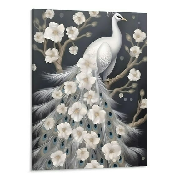 PRATYUS Ready to Hang Fall Decor White Peacock Canvas Wall Art Picture 16x20in for Living Room Bedroom 16x20in