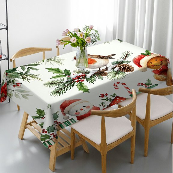 PRATYUS Rectangle Tablecloth - Robin Branch Snowman Gingerbread Print, Machine-Made Holiday-Themed Design Rectangle Tablecloth, Ideal for Kitchen Picnic Party