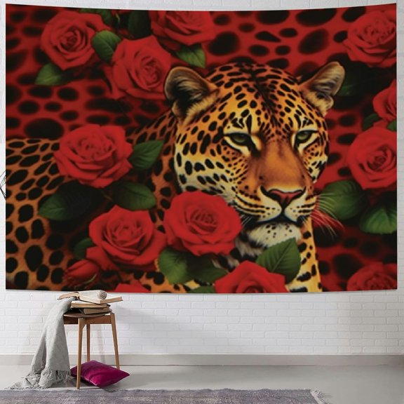 PRATYUS  Red Rose Leopard Flower Tapestry Wall Hanging Floral Wild Animal Print Mix Skin Pattern Modern Tapestries Home Decor for Living Room Bedroom Apartment Farmhouse Dorm 50x40inch