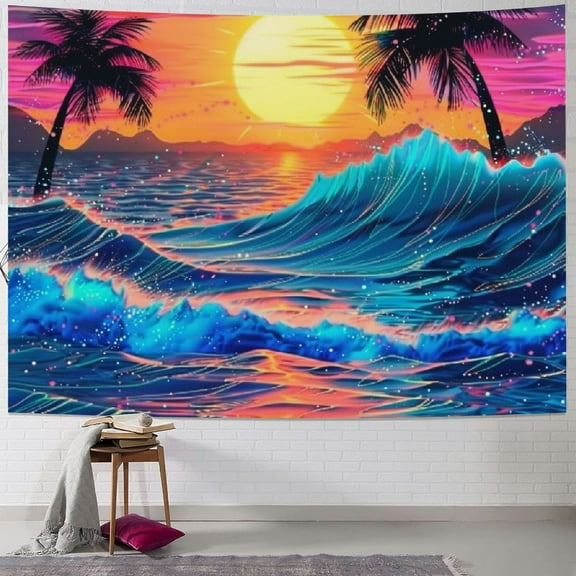 PRATYUS Retro Neon Trippy Small Tapestry for Men, Cool Mountain Sun 80s Room Decor Aesthetic Art Tapestry Wall Hanging for Bedroom, Vaporwave Tapestries College Dorm Beach Blanket 50x40inch