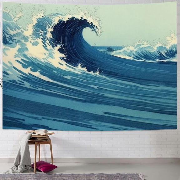 PRATYUS Retro Ocean Tapestry Wall Hanging, Vintage Blue Watercolor Ocean Waves Wall Art Tapestries, Japanese Anime Sea Wave Wall Decor Indian Tapestry for Bedroom Aesthetic Home Dorm 60x50inch