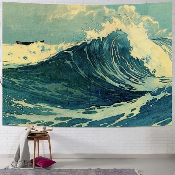 PRATYUS Retro Ocean Tapestry Wall Hanging, Vintage Blue Watercolor Ocean Waves Wall Art Tapestries, Japanese Anime Sea Wave Wall Decor Indian Tapestry for Bedroom Home Dorm 40x30inch