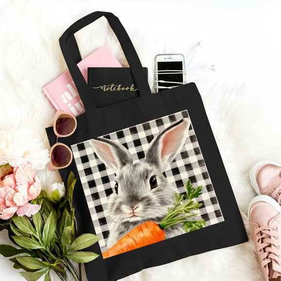 PRATYUS Reusable Grocery Tote Bag Rabbit Carrot Checkered Pattern Black