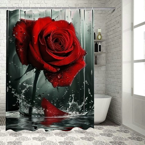 PRATYUS Rose Shower Curtain, Romantic Floral Blossom Red Rose Reflection on Water, Fabric Bath Curtain, Black and Red Bathroom Curtain, Machine Washable 36x72