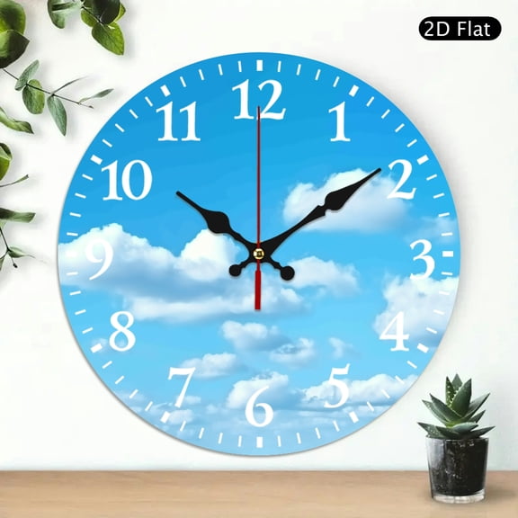 PRATYUS Round Wooden Wall Clock Clouds Sky Bench Print 10 Inch 10x10in
