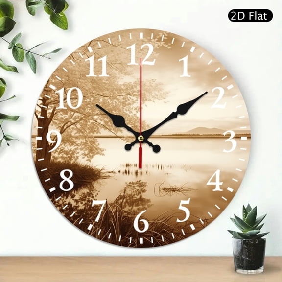 PRATYUS Round Wooden Wall Clock Lake Print Battery Operated 10 Inch 10x10in