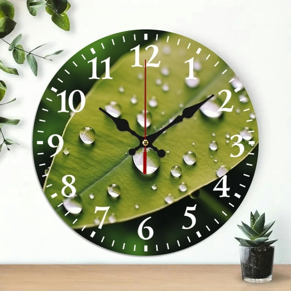 PRATYUS Round Wooden Wall Clock Leaf Water Droplets Print 10 Inch 10x10in