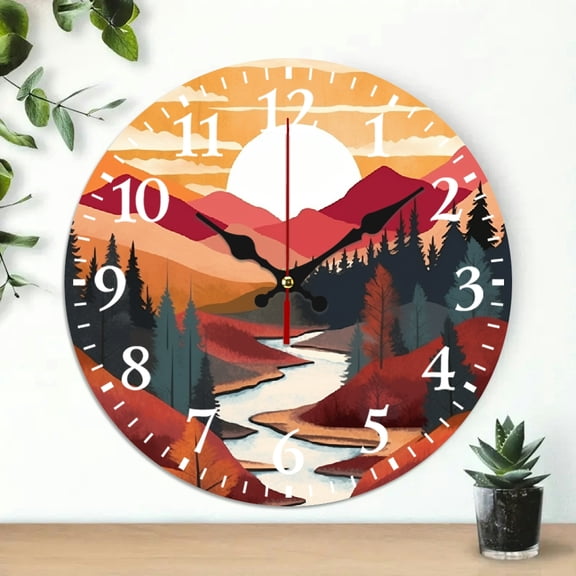 PRATYUS Round Wooden Wall Clock Mountain Range Sunset Print 10 Inch 10x10in