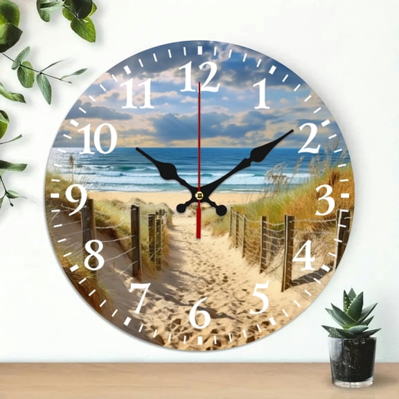 PRATYUS Round Wooden Wall Clock Ocean View Print 10 Inch Decor 10x10in