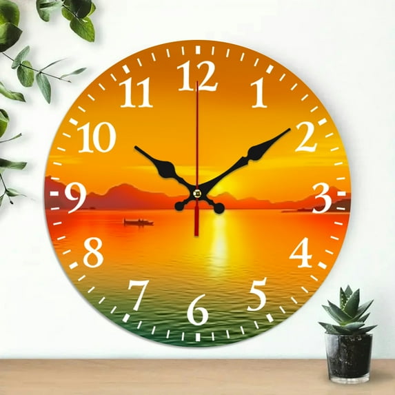PRATYUS Round Wooden Wall Clock Sunset Boat Mountains Print 10 Inch 10x10in