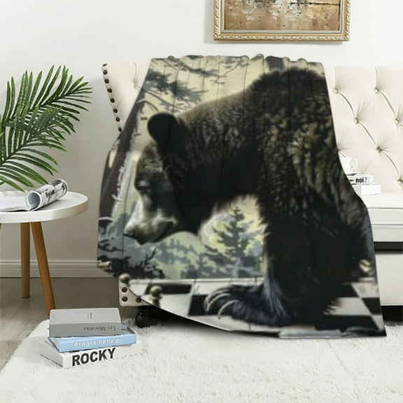 PRATYUS Rustic Bear Throw Blanket Wild Bear Deer Animal Blanket, Kids Western Country Woodland Animal Theme Fuzzy Blanket Buffalo Plaid Grid Flannel Blanket for Sofa Couch 60x80in