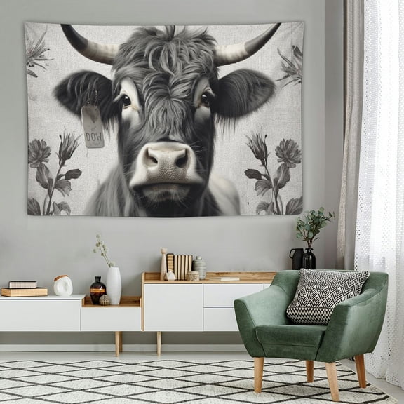 PRATYUS Rustic Farmhouse Highland Cow Tapestry Retro Wooden Windmill Sunflower Animal Wall Hanging Tapestry Fabric Wall Decor for Bedroom Dorm College Living Room 60x40 Inch 60x40in