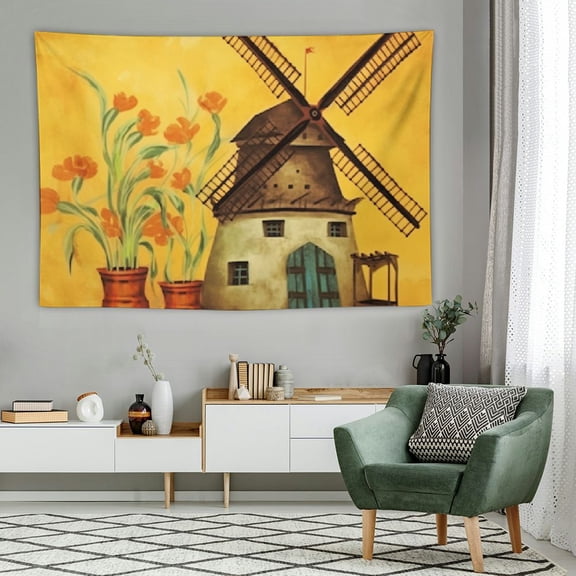 PRATYUS Rustic Farmhouse Tapestry Vintage Windmill Wall Tapestry 60x40 Inch,Brown Cow Print Tapestries Retro Lodge Cabin Tapestry for Bedroom Home,Grunge Cowhide Fur Hanging Wall Art Tapestry 60x40in
