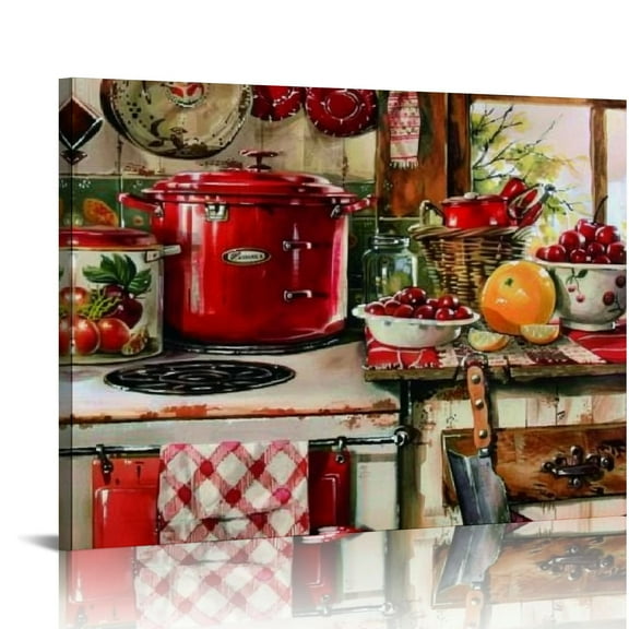 PRATYUS Rustic Kitchen Wall Art Food Wall Art Decor Fruit Painting Wall Art Red Theme Poster Dining Room Art Wall Decor Wood Board Canvas Prints for Restaurant Kitchen Home Decor 20x16in