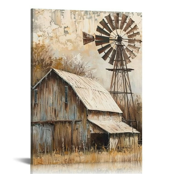 PRATYUS  Rustic Old Barn Wall Art Canvas Farmhouse Windmill Barn Abstract Painting Wall Decor Framed Posters Home for Living Room Bedroom Bathroom Decor 12x16 in