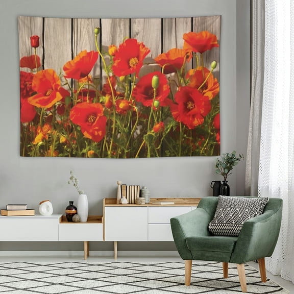 PRATYUS Rustic Tapestry, Close Line of Poppy Petals Field Meadow Summer Holiday Sun Plant Floral Theme, Wide Wall Hanging for Bedroom Living Room Dorm,60x40 Inch Orange Brown 60x40in